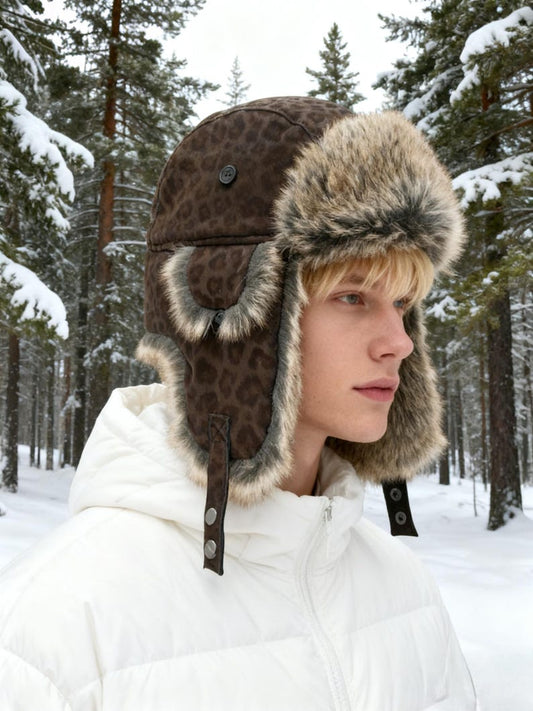 Handmade Leather Trapper Hat Faux Fur Lined Winter Hat fur trapper hat Russian hat Holiday gifts