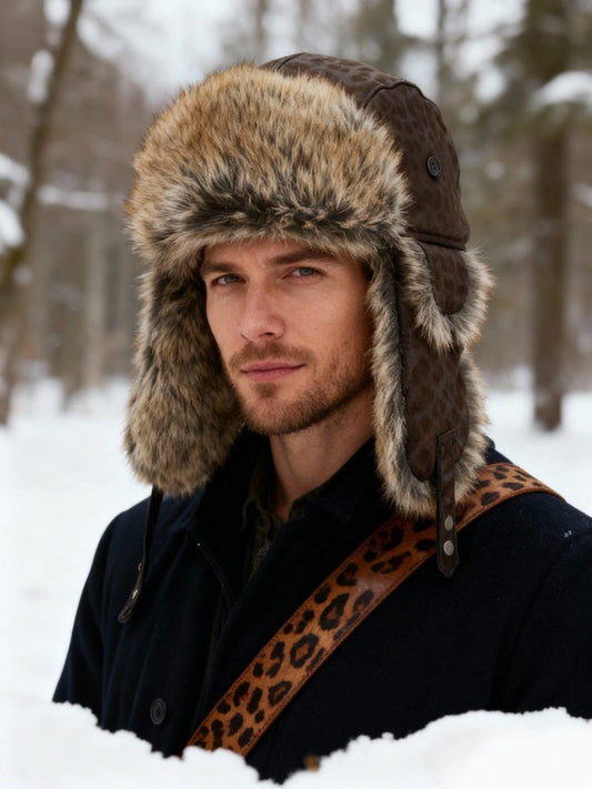 Handmade Leather Trapper Hat Faux Fur Lined Winter Hat fur trapper hat Russian hat Holiday gifts