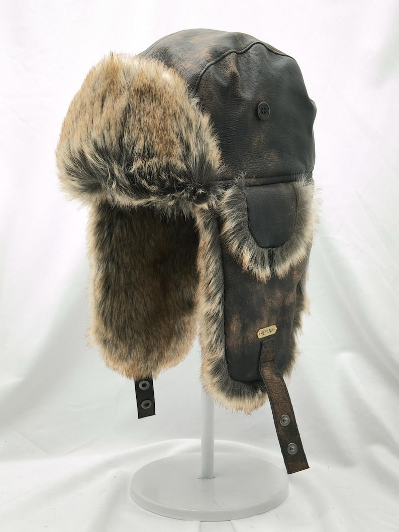 Handmade Leather Trapper Hat Faux Fur Lined Winter Hat fur trapper hat Russian hat Holiday gifts
