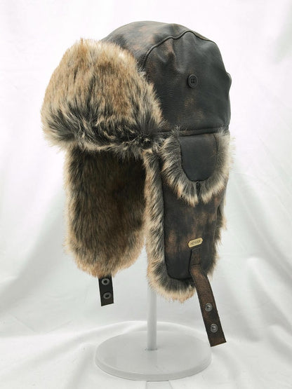 Handmade Leather Trapper Hat Faux Fur Lined Winter Hat fur trapper hat Russian hat Holiday gifts