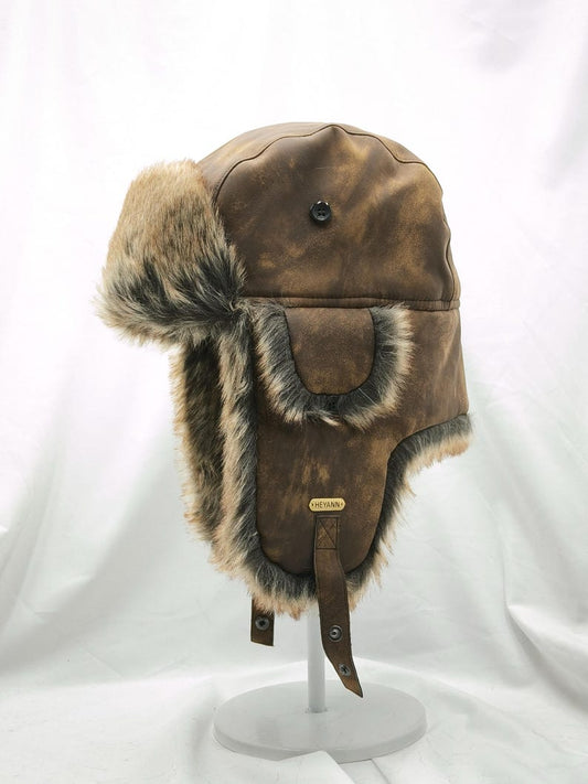 Handmade Leather Trapper Hat Faux Fur Lined Winter Hat fur trapper hat Russian hat Holiday gifts