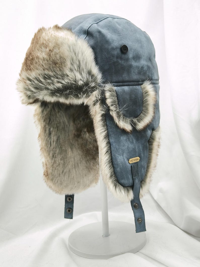 Handmade Leather Trapper Hat Faux Fur Lined Winter Hat fur trapper hat Russian hat Holiday gifts