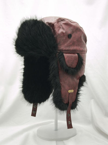 Handmade Leather Trapper Hat Faux Fur Lined Winter Hat fur trapper hat Russian hat Holiday gifts