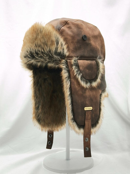 Handmade Leather Trapper Hat Faux Fur Lined Winter Hat fur trapper hat Russian hat Holiday gifts