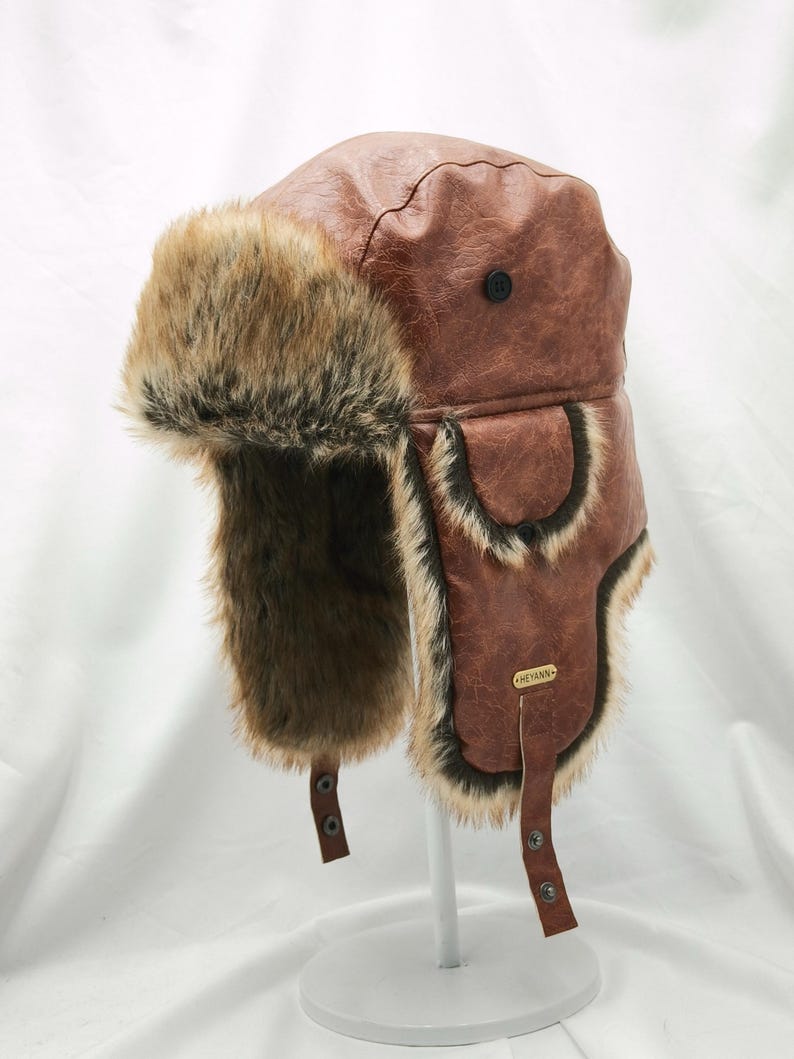 Handmade Leather Trapper Hat Faux Fur Lined Winter Hat fur trapper hat Russian hat Holiday gifts