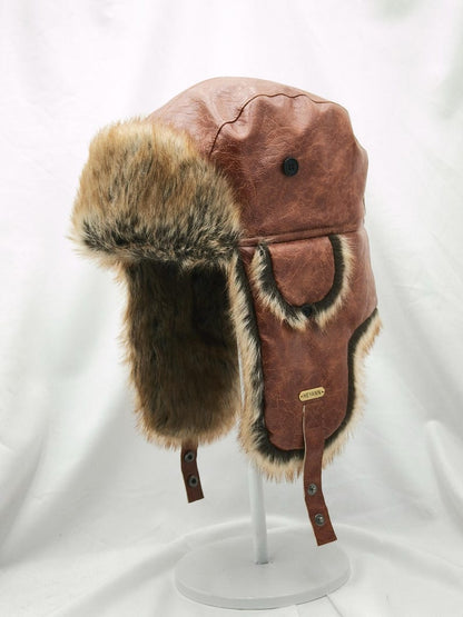 Handmade Leather Trapper Hat Faux Fur Lined Winter Hat fur trapper hat Russian hat Holiday gifts