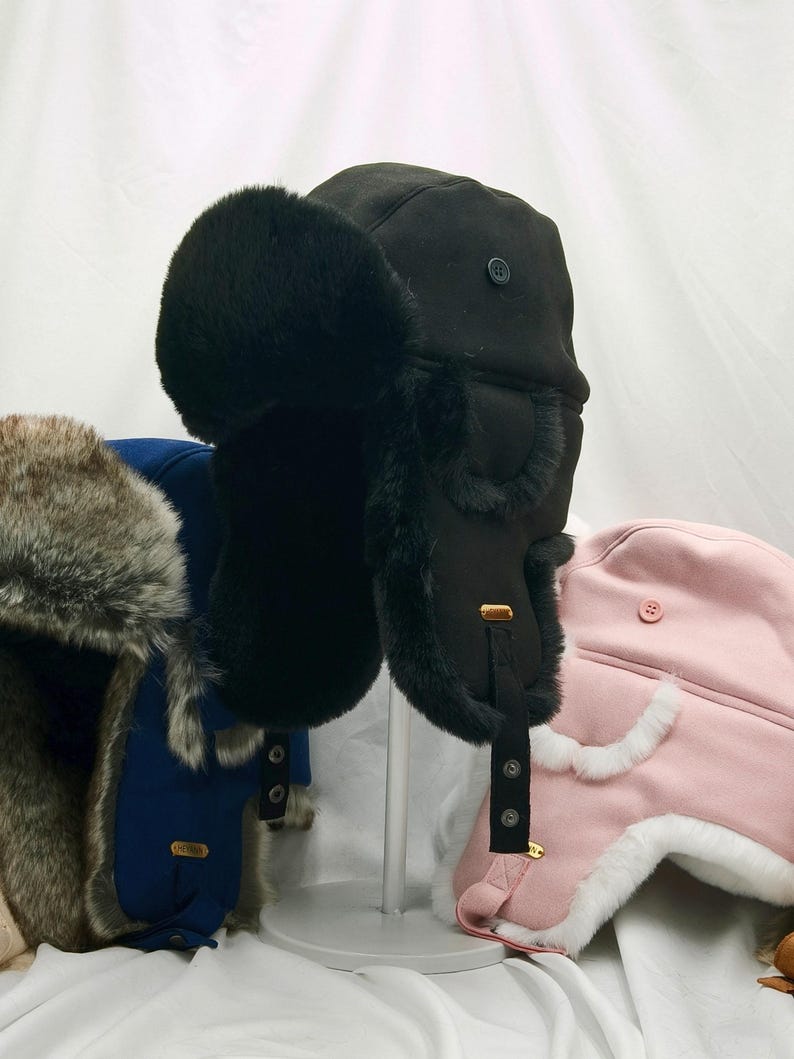 Handmade Leather Trapper Hat Faux Fur Lined Winter Hat fur trapper hat Russian hat Holiday gifts