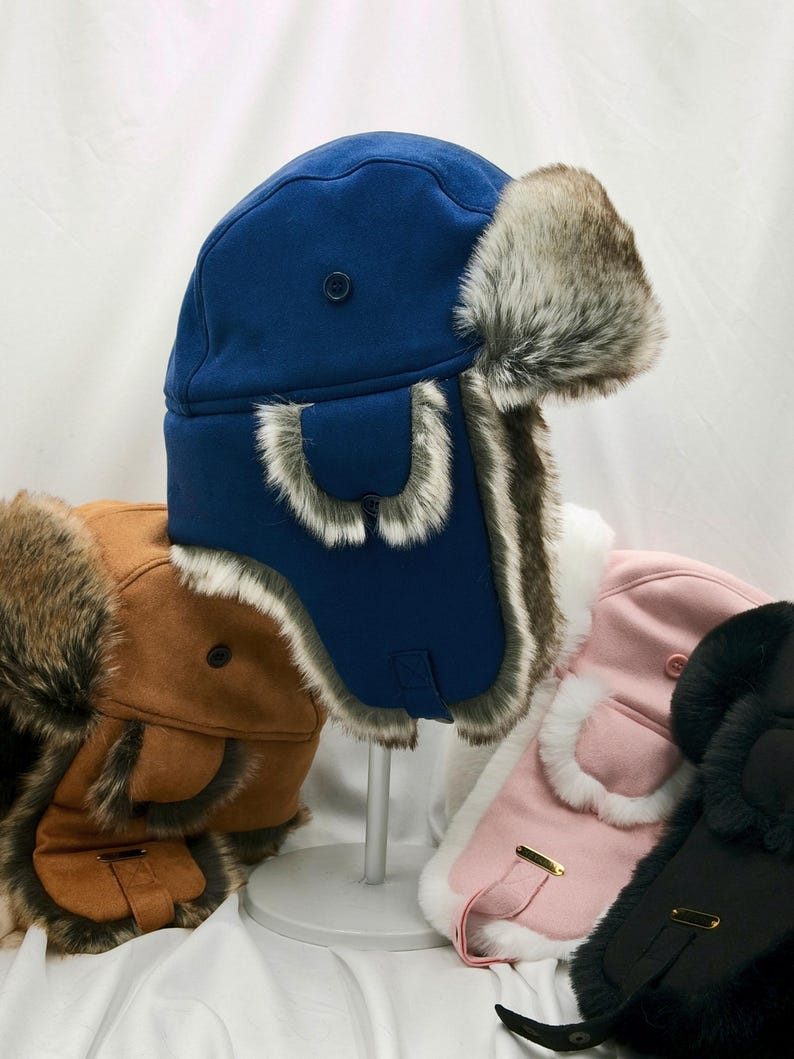 Handmade Leather Trapper Hat Faux Fur Lined Winter Hat fur trapper hat Russian hat Holiday gifts