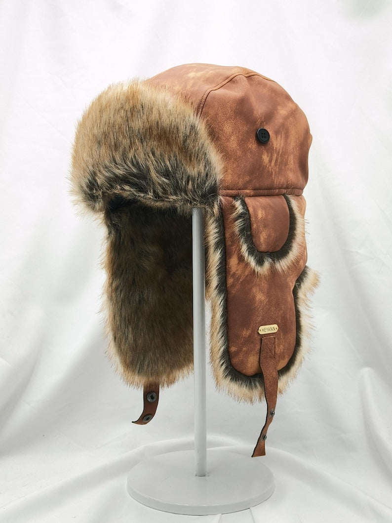 Handmade Leather Trapper Hat Faux Fur Lined Winter Hat fur trapper hat Russian hat Holiday gifts