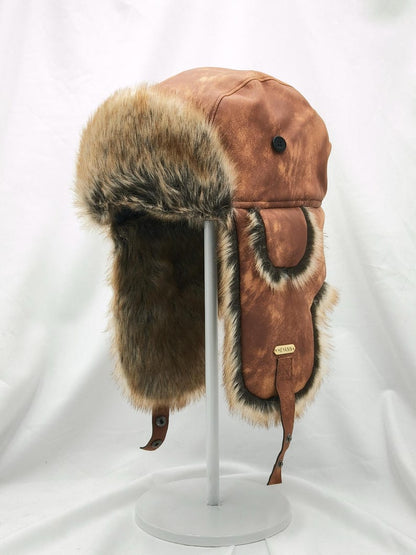 Handmade Leather Trapper Hat Faux Fur Lined Winter Hat fur trapper hat Russian hat Holiday gifts