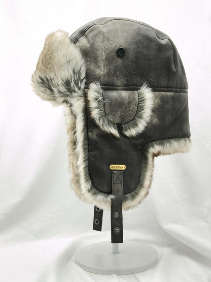 Handmade Leather Trapper Hat Faux Fur Lined Winter Hat fur trapper hat Russian hat Holiday gifts