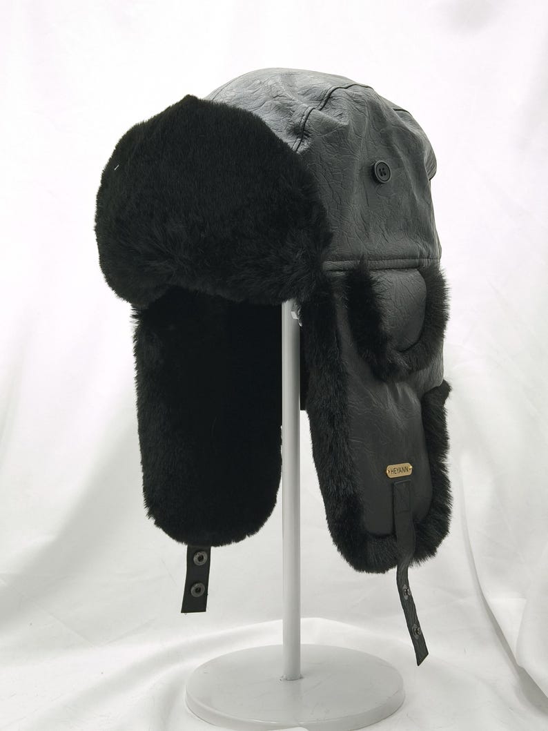 Handmade Leather Trapper Hat Faux Fur Lined Winter Hat fur trapper hat Russian hat Holiday gifts
