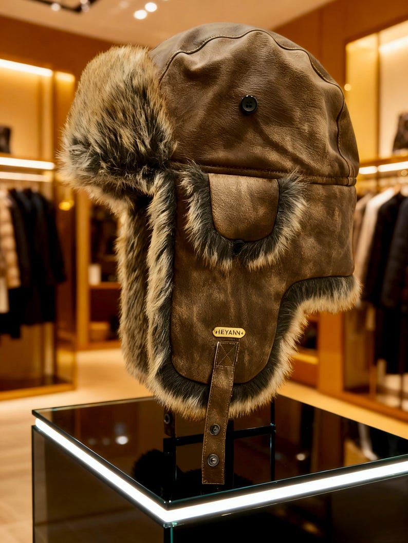 Handmade Leather Trapper Hat Faux Fur Lined Winter Hat fur trapper hat Russian hat Holiday gifts