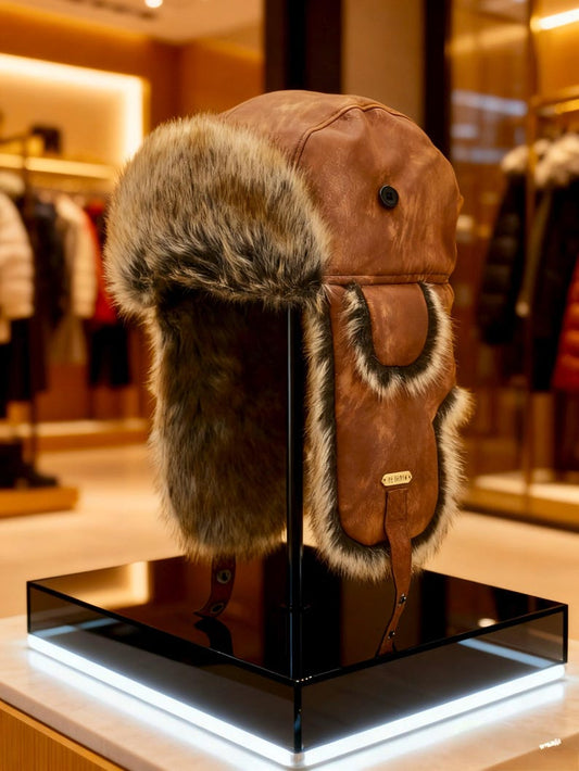 Handmade Leather Trapper Hat Faux Fur Lined Winter Hat fur trapper hat Russian hat Holiday gifts