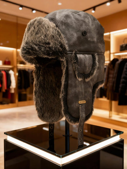 Handmade Leather Trapper Hat Faux Fur Lined Winter Hat fur trapper hat Russian hat Holiday gifts