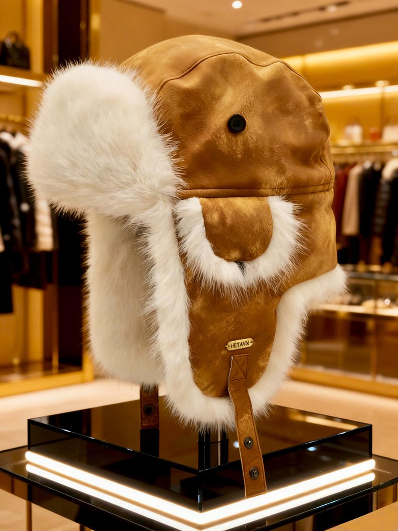 Handmade Leather Trapper Hat Faux Fur Lined Winter Hat fur trapper hat Russian hat Holiday gifts