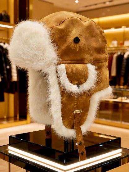 Handmade Leather Trapper Hat Faux Fur Lined Winter Hat fur trapper hat Russian hat Holiday gifts