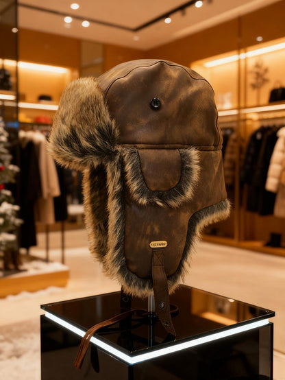 Handmade Leather Trapper Hat Faux Fur Lined Winter Hat fur trapper hat Russian hat Holiday gifts