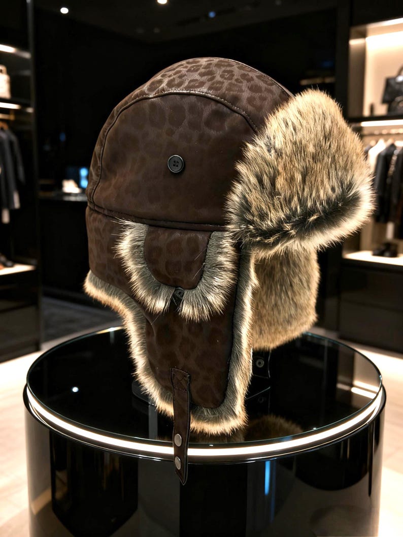 Handmade Leather Trapper Hat Faux Fur Lined Winter Hat fur trapper hat Russian hat Holiday gifts