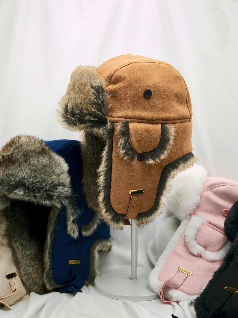 Handmade Leather Trapper Hat Faux Fur Lined Winter Hat fur trapper hat Russian hat Holiday gifts