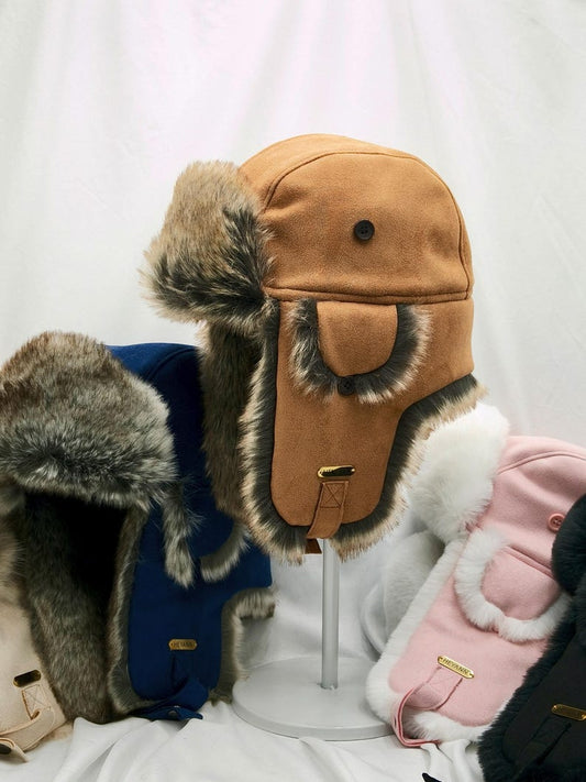 Handmade Leather Trapper Hat Faux Fur Lined Winter Hat fur trapper hat Russian hat Holiday gifts