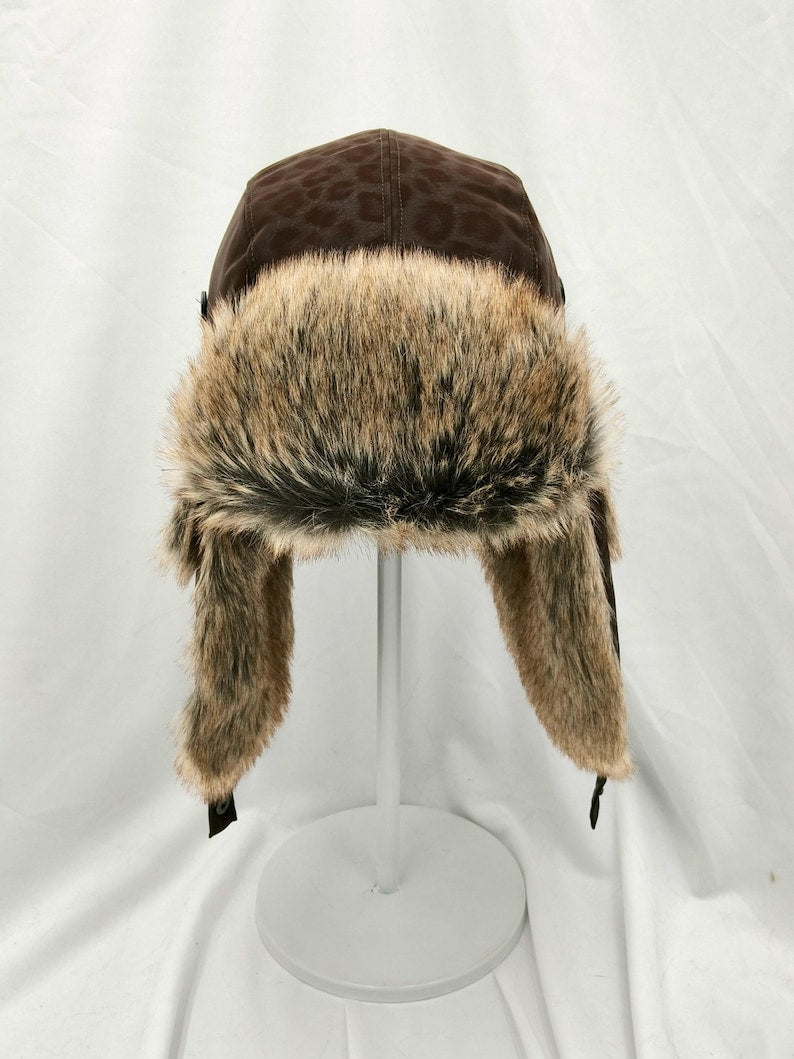 Handmade Leather Trapper Hat Faux Fur Lined Winter Hat fur trapper hat Russian hat Holiday gifts