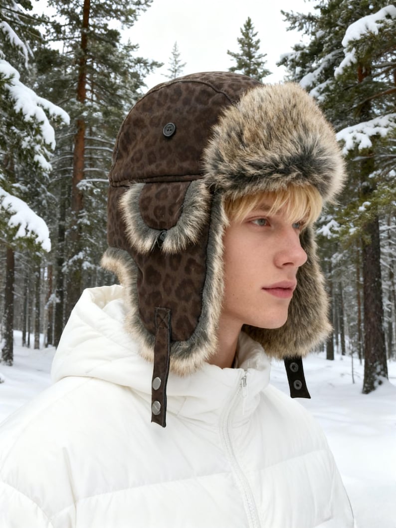 Handmade Leather Trapper Hat Faux Fur Lined Winter Hat fur trapper hat Russian hat Holiday gifts