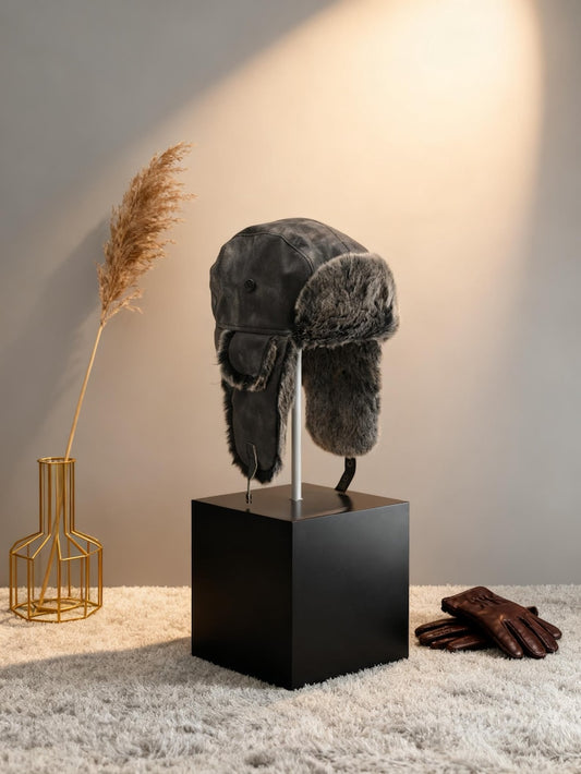 Handmade Leather Trapper Hat Faux Fur Lined Winter Hat fur trapper hat Russian hat Holiday gifts