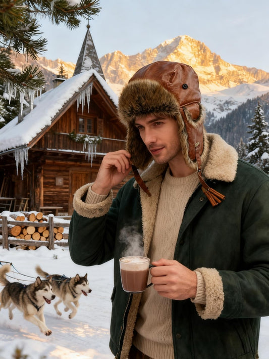 Handmade Leather Trapper Hat Faux Fur Lined Winter Hat fur trapper hat Russian hat Holiday gifts