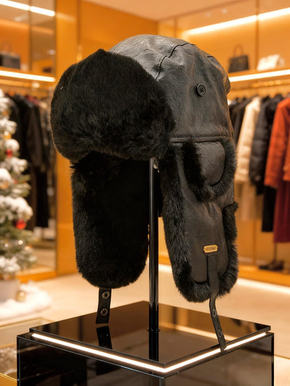 Handmade Leather Trapper Hat Faux Fur Lined Winter Hat fur trapper hat Russian hat Holiday gifts