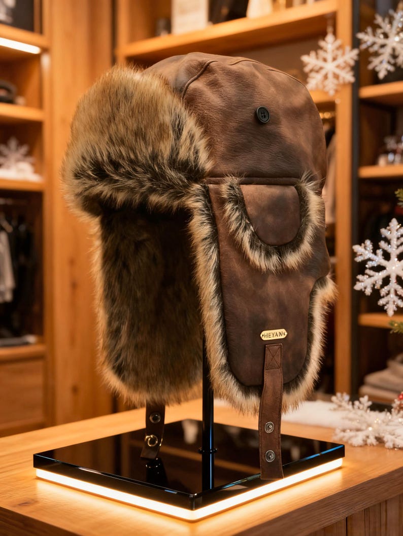 Handmade Leather Trapper Hat Faux Fur Lined Winter Hat fur trapper hat Russian hat Holiday gifts