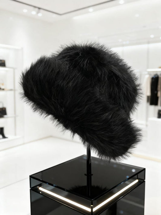 Luxurious Black Faux Fur Bucket Hat Vintage Vegan Fur Hat | Warm Fluffy Snow Cap