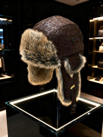 Handmade Leather Trapper Hat Faux Fur Lined Winter Hat fur trapper hat Russian hat Holiday gifts