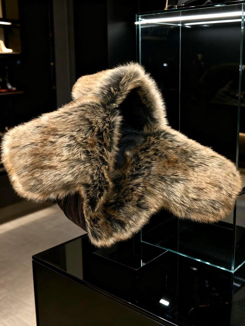 Handmade Leather Trapper Hat Faux Fur Lined Winter Hat fur trapper hat Russian hat Holiday gifts