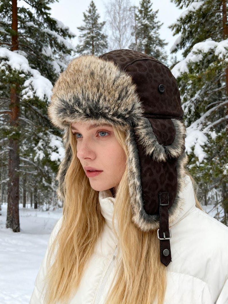 Handmade Leather Trapper Hat Faux Fur Lined Winter Hat fur trapper hat Russian hat Holiday gifts