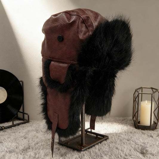 Handmade Leather Trapper Hat Faux Fur Lined Winter Hat fur trapper hat Russian hat Holiday gifts