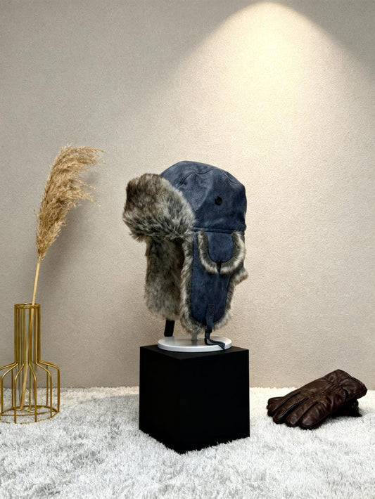 Handmade Leather Trapper Hat Faux Fur Lined Winter Hat fur trapper hat Russian hat Holiday gifts